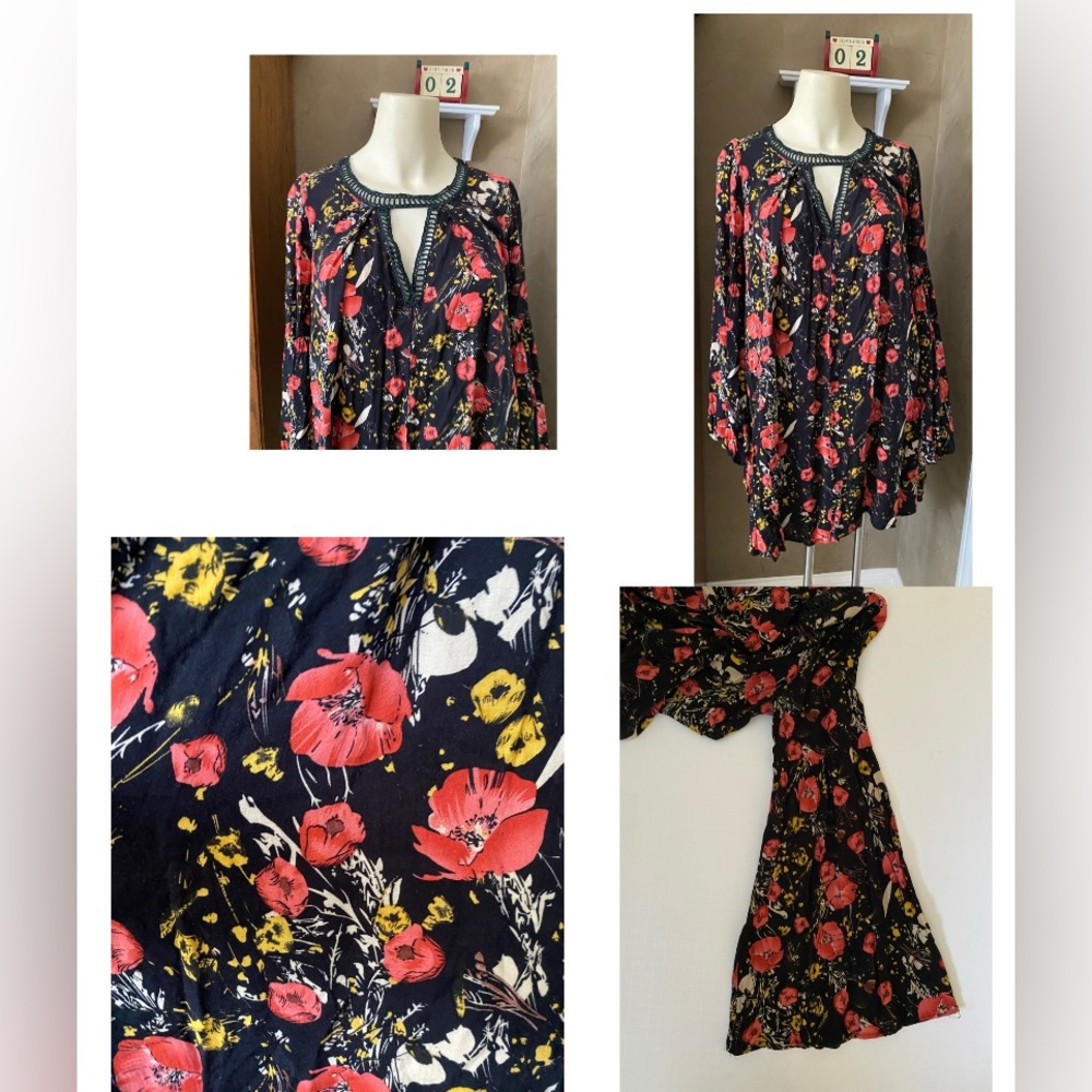 UMGEE Fall Floral Black & Red BOHO Festival Concert Tunic Dress poppy print